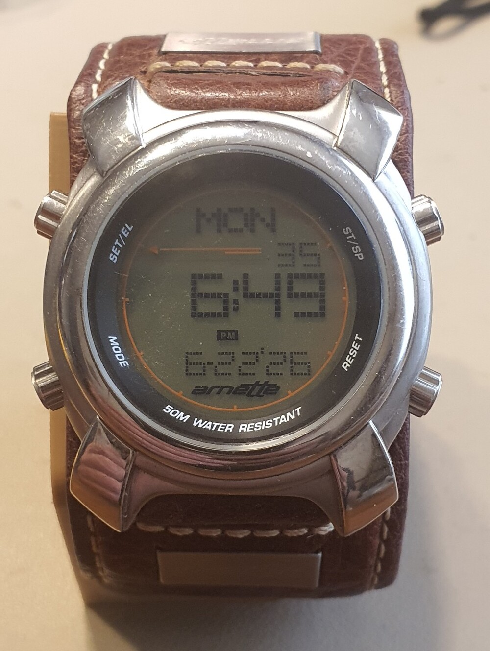 10/$20 Arnette Silver/Brown Leather Wideband Digital Alarm Chrono Men's Watch